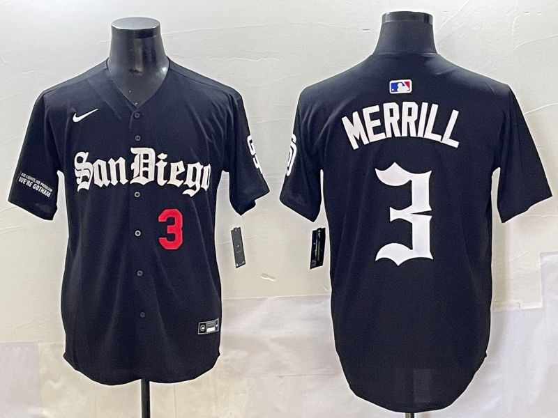 Men 2025 San Diego Padres #3 Merrill Black Five generations Joint Name Nike MLB Jersey style 5->san diego padres->MLB Jersey